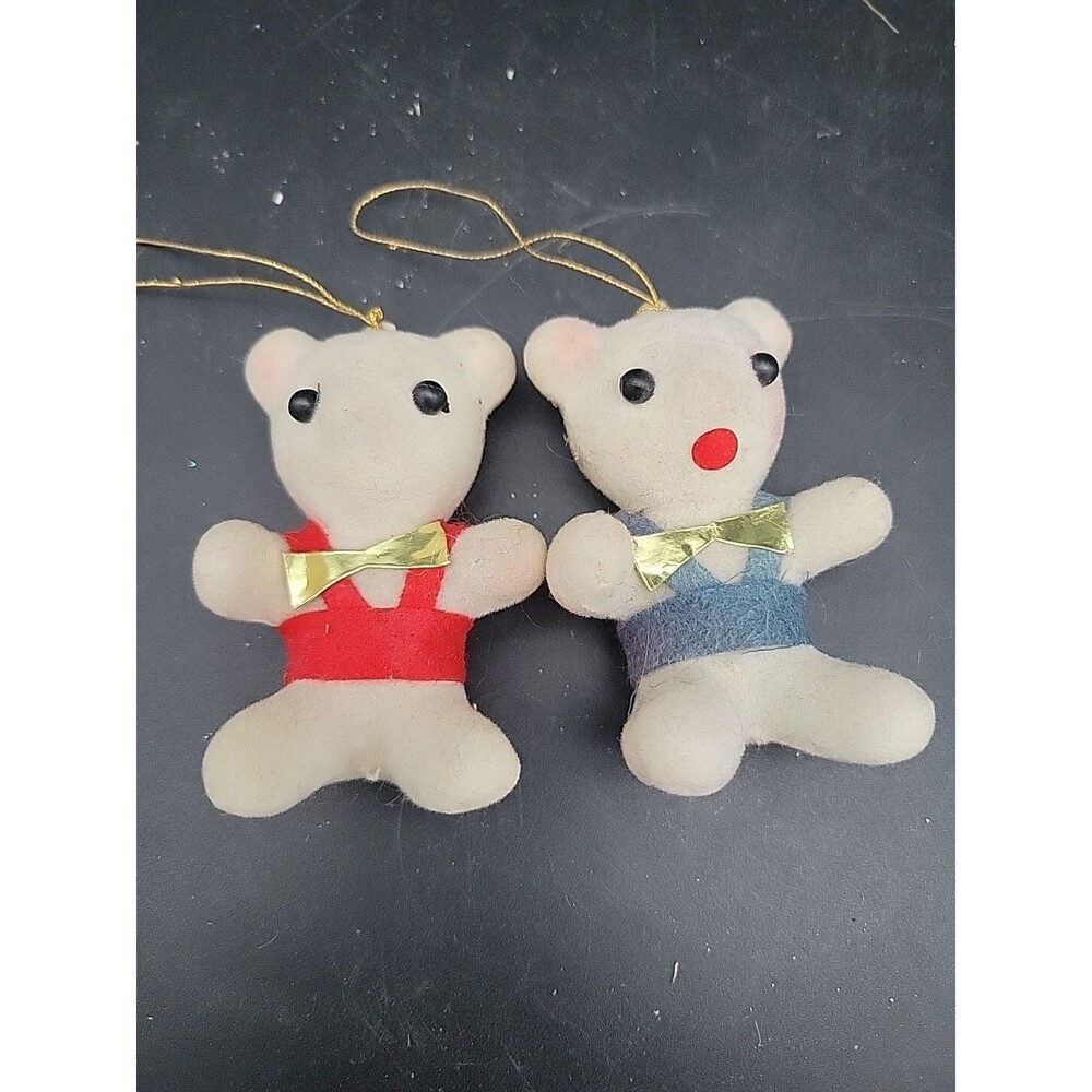 Pair Of Vintage Felted Flocked White Bear Ornaments W Bow Ties Christmas Decor